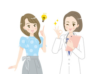 女性医師に相談して笑顔になる若い女性のイラスト素材
