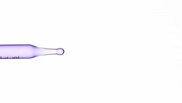 Macro shot of violet fluid is dripped from graduated lab pipette on white background | Abstract body care cosmetics with natural oils mixing concept