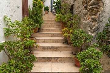 Treppe zwischen zwei Häusern mit Blumentöpfen