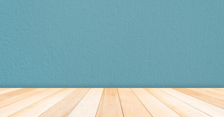 Empty blue cement wall background and wooden floor perspective well editing display product and text present on free space backdrop