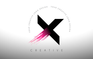 X Paint Brush Letter Logo Design with Artistic Brush Stroke in Black and Purple Colors