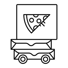 Crazy Food Van vector line icon design, Retail Food delivery service symbol, Touch less Meal Courier Sign, Grocery pickup stock illustration, Pizza box on wheels Concept, 