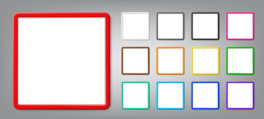 Collection of realistic thin square frame mockup with shadow. Modern vector 3d graphic illustration. Blank photo border with rounded corners for business and marketing concept presentation