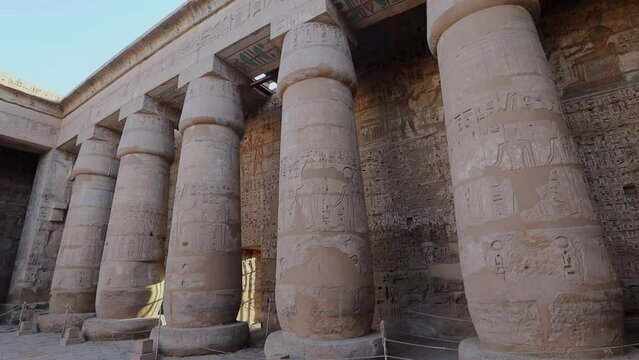 Columns in the Ancient Temple of Medinet Habu in Luxor, Egypt