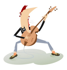 Cartoon guitar player illustration isolated. Smiling guitarist is playing music on electric guitar with the great inspiration isolated on white illustration