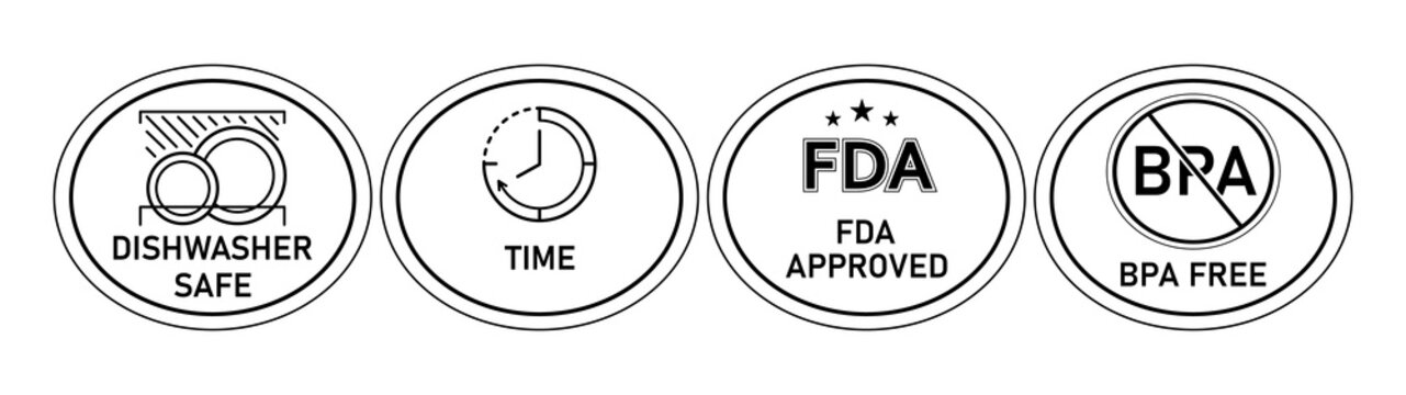 Cookware labeling icons. Dishwasher safe, time, FDA approved, BPA free. To designate a surface, coating. Vector illustration isolated on white background, black and white line