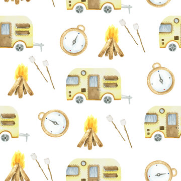 camping seamless pattern, seamless retro camping camper hand-drawn watercolor repeating pattern, on a white background. Yellow camper, campfire, marshmallow, compass