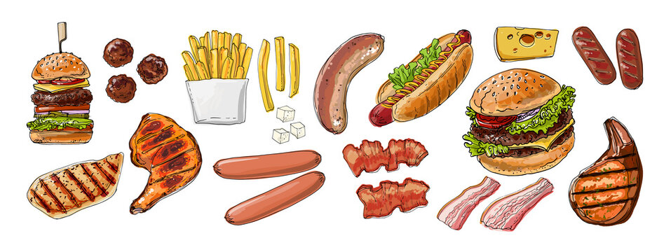 Food vector Burgers are fast street food. Unhealthy food. Fries, pastries, hot dog, bacon, meat, french fries