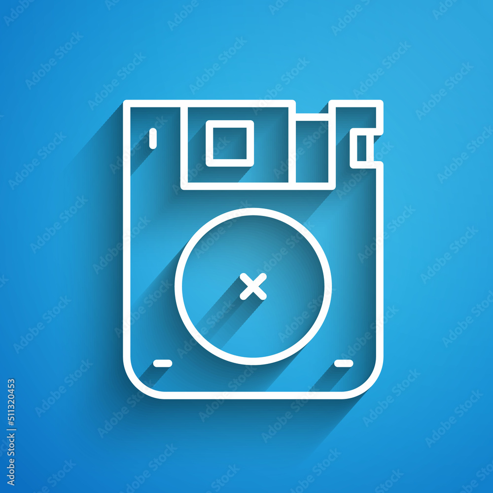 Poster white line floppy disk for computer data storage icon isolated on blue background. diskette sign. lo