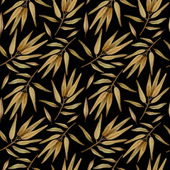 Seamless pattern with tropical plants and leaves on a black background. Watercolor illustration. Nature. Print on fabric and paper. Jungles. Botanical. Art. Design. Natural. Flora. Handmade work.