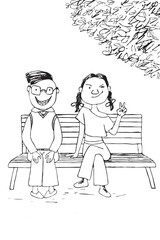 Couple of teenagers sitting on a bench and posing for a selfie. Vector black outline on a white background