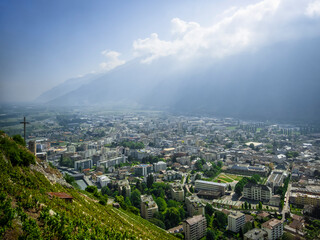 Aerial panorama of Martigny city in Switzerland during sunny day.