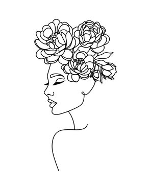 Line art illustration of a girl with peonies flowers. Beauty line art illustration