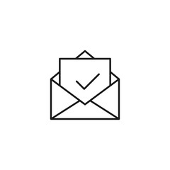 Post and letter monochrome sign. Outline symbol drawn with black thin line. Suitable for web sites, apps, stores, shops etc. Vector icon of checkmark on letter in envelope