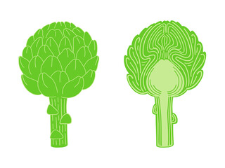 Artichoke and cut artichoke flat vector doodle illustration. Green vegetables healthy food clipart