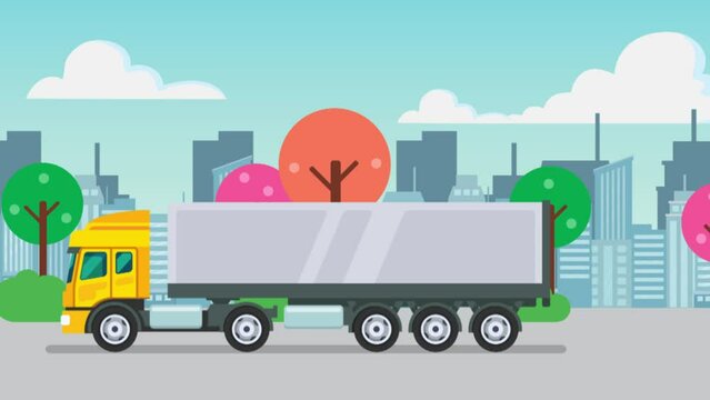 truck moving along the highway with the city in the background. concept of logistic coordination. delivery animation