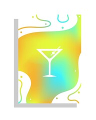 Modern disco cocktail party poster with holographic fluid background. Invitation design. Summer poster with martini glass and abstract waves. Abstract gradient banner