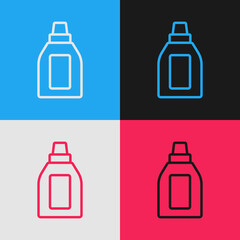 Pop art line Plastic bottle for laundry detergent, bleach, dishwashing liquid or another cleaning agent icon isolated on color background. Vector