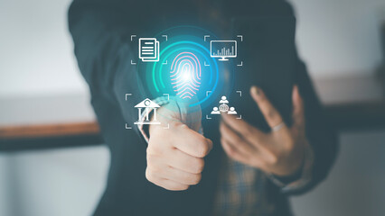 cyber security concept, man's hand scanning finger to go online to access information both accessing the system document storage Banking including online shopping This method is highly secure.
