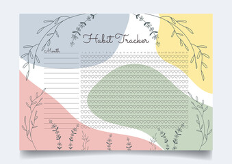 Monthly habit planner blank template with hand drawn flowers and abstract background. Bullet magazine template..