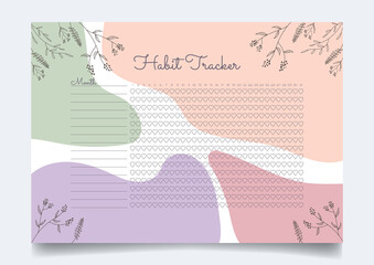 Monthly habit planner blank template with hand drawn flowers and abstract background. Bullet magazine template..