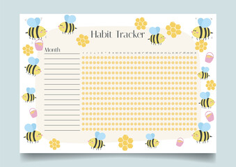 Monthly habit planner blank template with hand drawn bees and honeycombs. Bullet magazine template with summer concept.