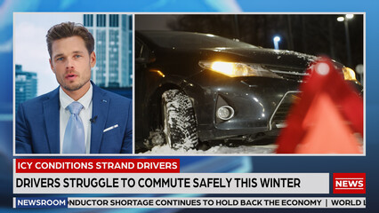 Split Screen TV News Live Report: Anchor Talks. Reportage Montage Covering: Car Crash, Road Traffic...