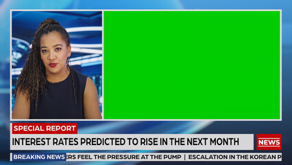 Split Screen TV News Live Report: Female Anchor Talks, Reporting. Reportage Montage with Picture in Picture Green Screen, Side by Side Chroma Key. Television Program Channel Concept
