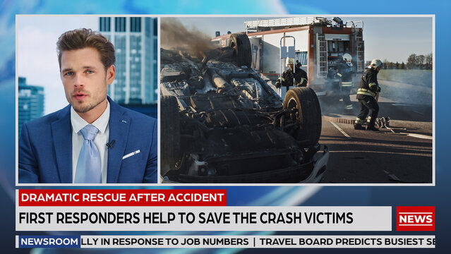 Breaking TV News Live Report: Anchor Talks. Split Screen Montage: Rescue Team Firefighters on Fire Engine Arrive on Car Crash Traffic Accident Scene. Television Program Channel Concept