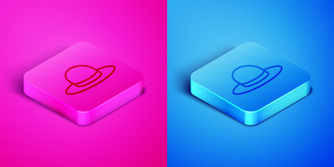 Isometric line Man hat with ribbon icon isolated on pink and blue background. Square button. Vector