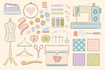 Vector hand drawn style sewing retro set. Collection of sewing tools and equipment for dressmaking, tailoring, needlecraft, hobby
