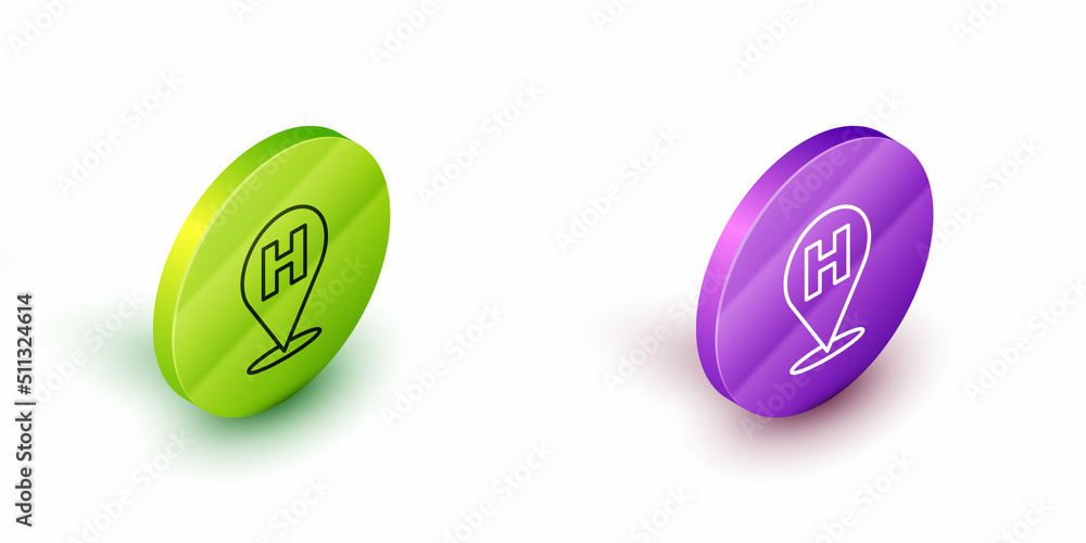 Poster isometric line medical map pointer with cross hospital icon isolated on white background. green and 