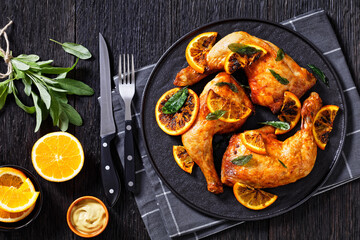 Grilled Orange BBQ Chicken legs with sage