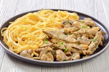 liver stroganoff with spaghetti on plate, top view