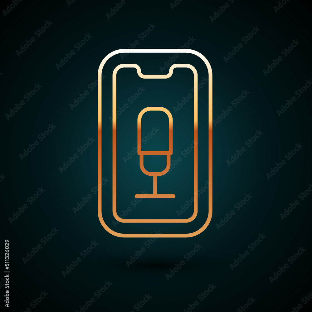 Poster gold line mobile recording icon isolated on dark blue background. mobile phone with microphone. voic