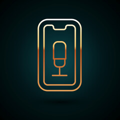 Gold line Mobile recording icon isolated on dark blue background. Mobile phone with microphone. Voice recorder app smartphone interface. Vector