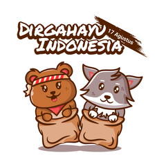 cute illustration of bear and wolf sack race indonesia independence day
