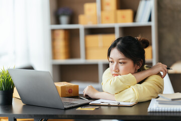 Portrait young attractive asian female owner startup business work happy with box at home prepare...