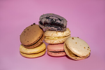Row of delicious colorful French macaroons of different flavors, background, panoramic shot. High quality photo
