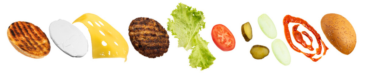 Delicious burger ingredients isolated on white background.