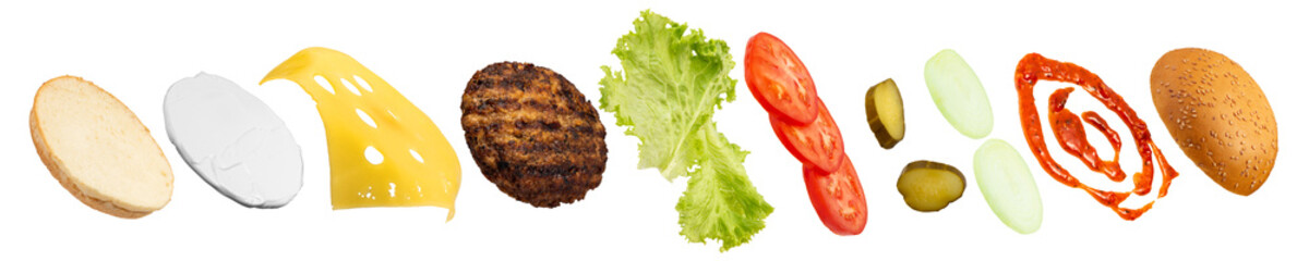Delicious burger ingredients isolated on white background.