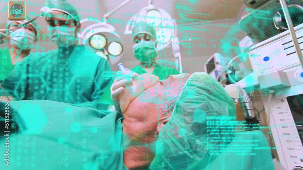 Poster animation of binary coding and data processing over diverse surgeons in operating theatre