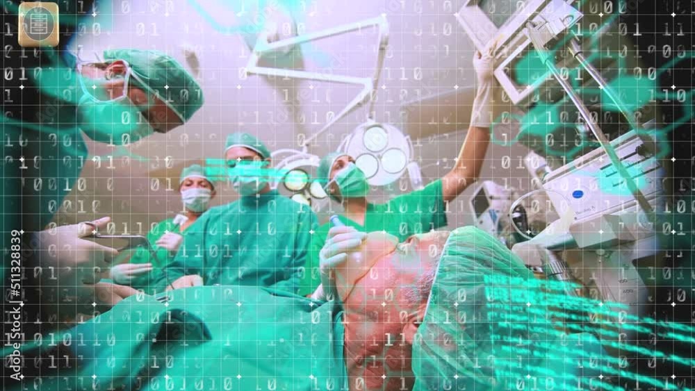 Poster animation of binary coding and data processing over diverse surgeons in operating theatre
