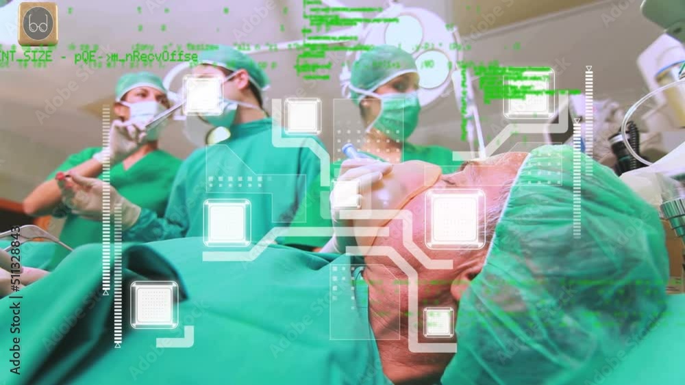 Poster animation of connections and data processing over diverse surgeons in operating theatre