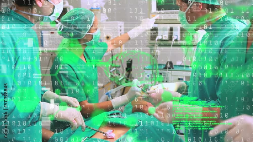 Poster animation of binary coding and data processing over diverse surgeons in operating theatre