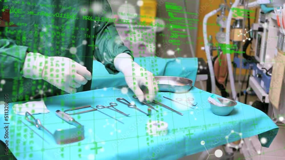 Poster animation of grid and data processing over diverse surgeons in operating theatre