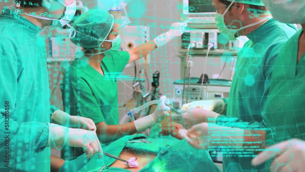 Poster animation of binary coding and data processing over diverse surgeons in operating theatre