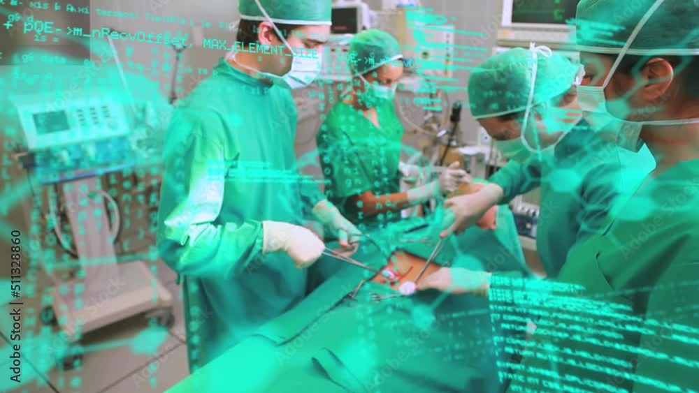 Poster animation of binary coding and data processing over diverse surgeons in operating theatre