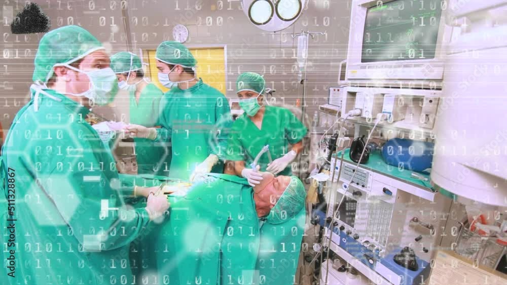Poster animation of binary coding and data processing over diverse surgeons in operating theatre