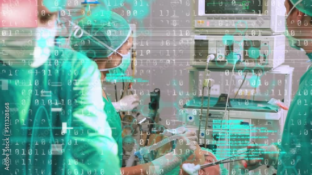 Poster animation of binary coding and data processing over diverse surgeons in operating theatre